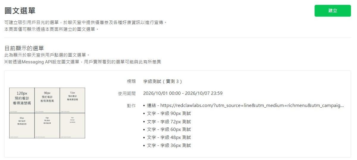 存檔後的圖文選單列表頁:目前顯示的選單區塊列出標題、使用期間與六格動作,上方註記本頁面僅可顯示透過本頁面建立的圖文選單,以及透過 Messaging API 設定時用戶看到的選單可能不同